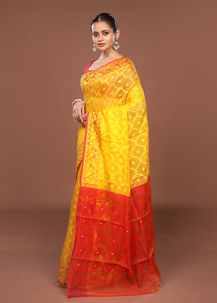 Yellow Jamdani Cotton Saree Without Blouse Piece