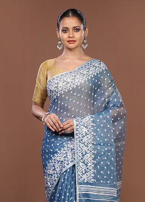 Blue Jamdani Cotton Saree Without Blouse Piece