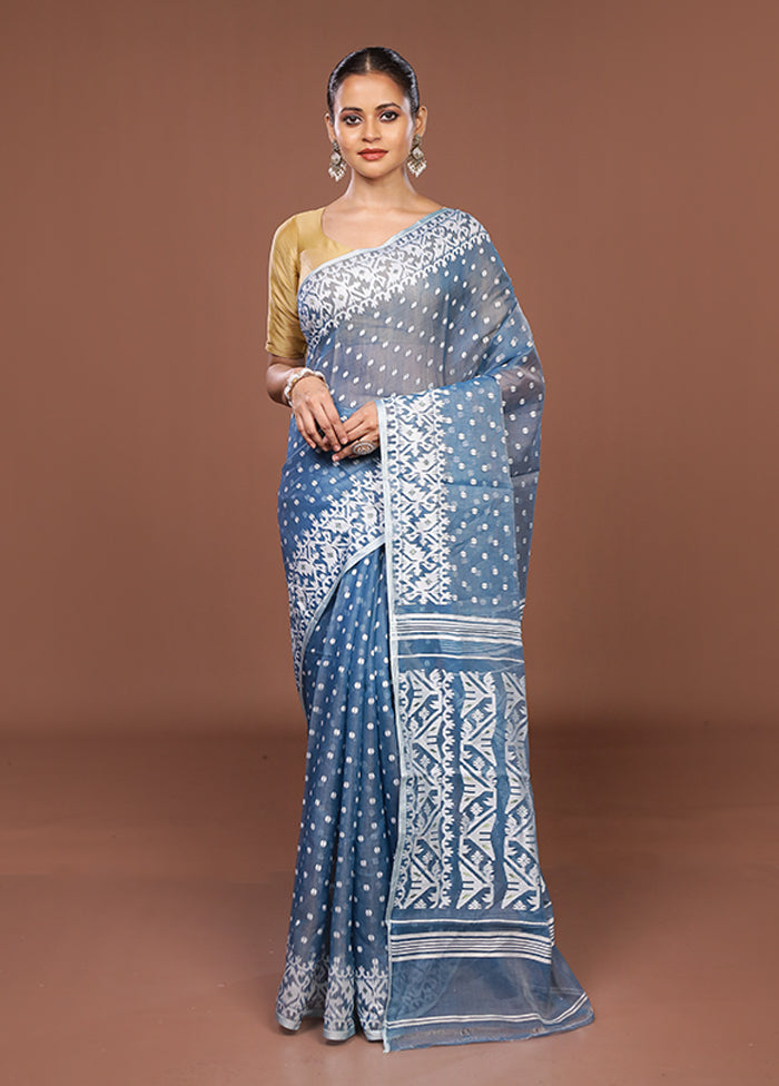 Blue Jamdani Cotton Saree Without Blouse Piece