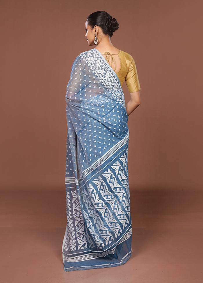 Blue Jamdani Cotton Saree Without Blouse Piece