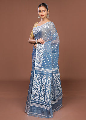 Blue Jamdani Cotton Saree Without Blouse Piece