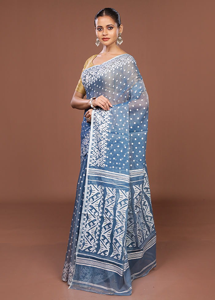 Blue Jamdani Cotton Saree Without Blouse Piece