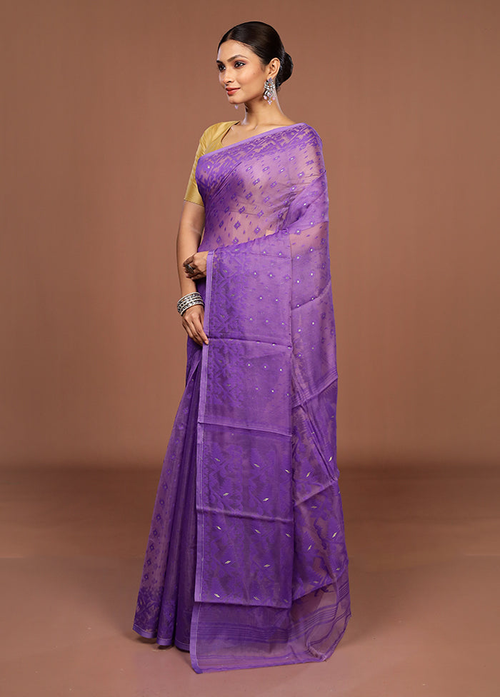 Purple Jamdani Cotton Saree Without Blouse Piece