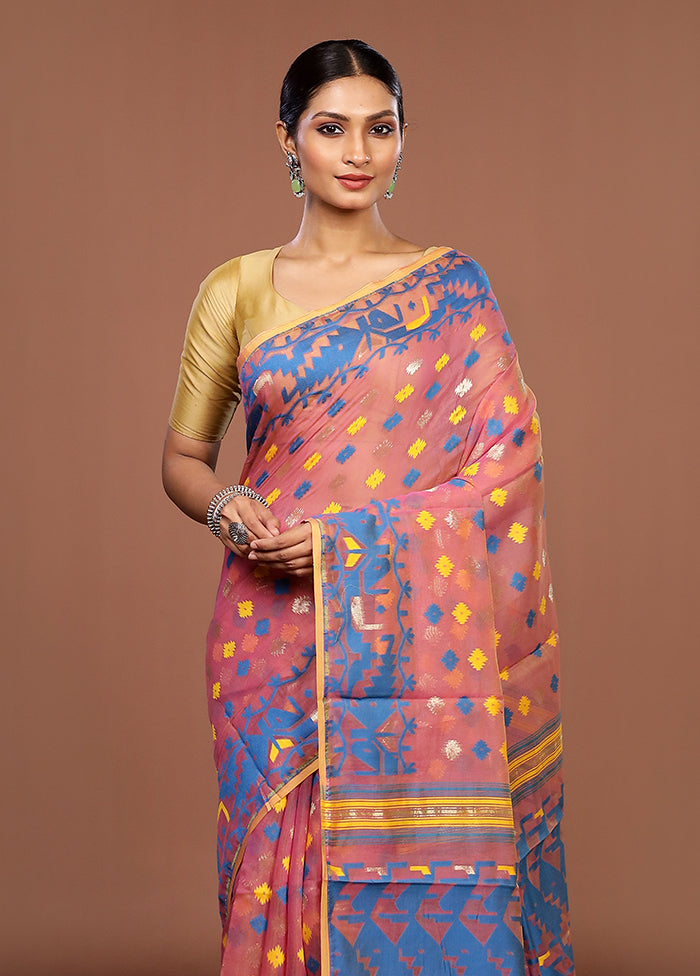 Pink Jamdani Cotton Saree Without Blouse Piece