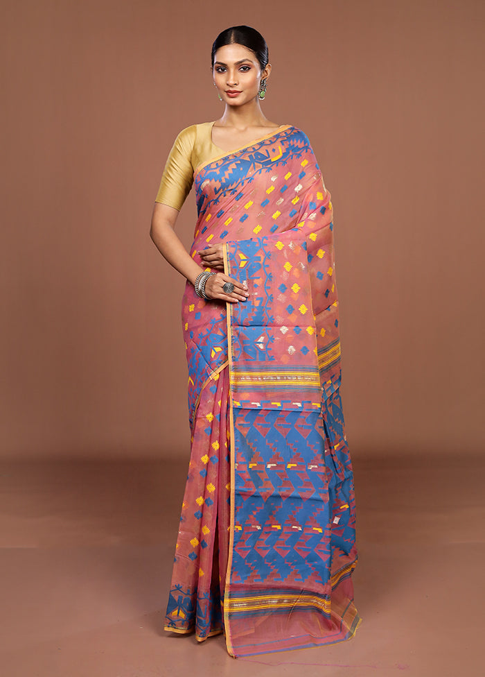 Pink Jamdani Cotton Saree Without Blouse Piece