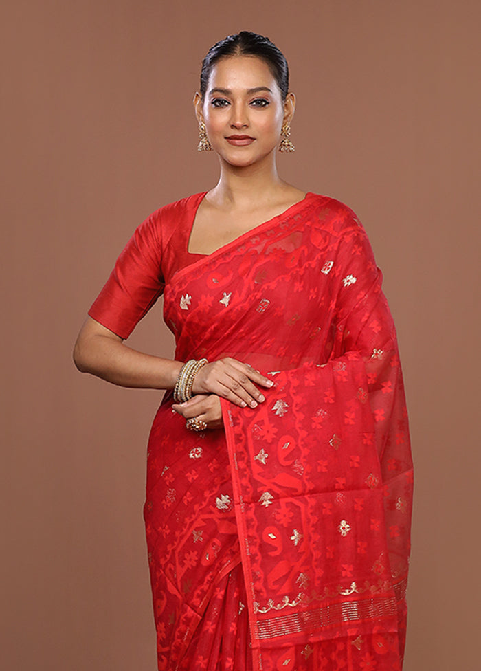 Red Jamdani Cotton Saree Without Blouse Piece