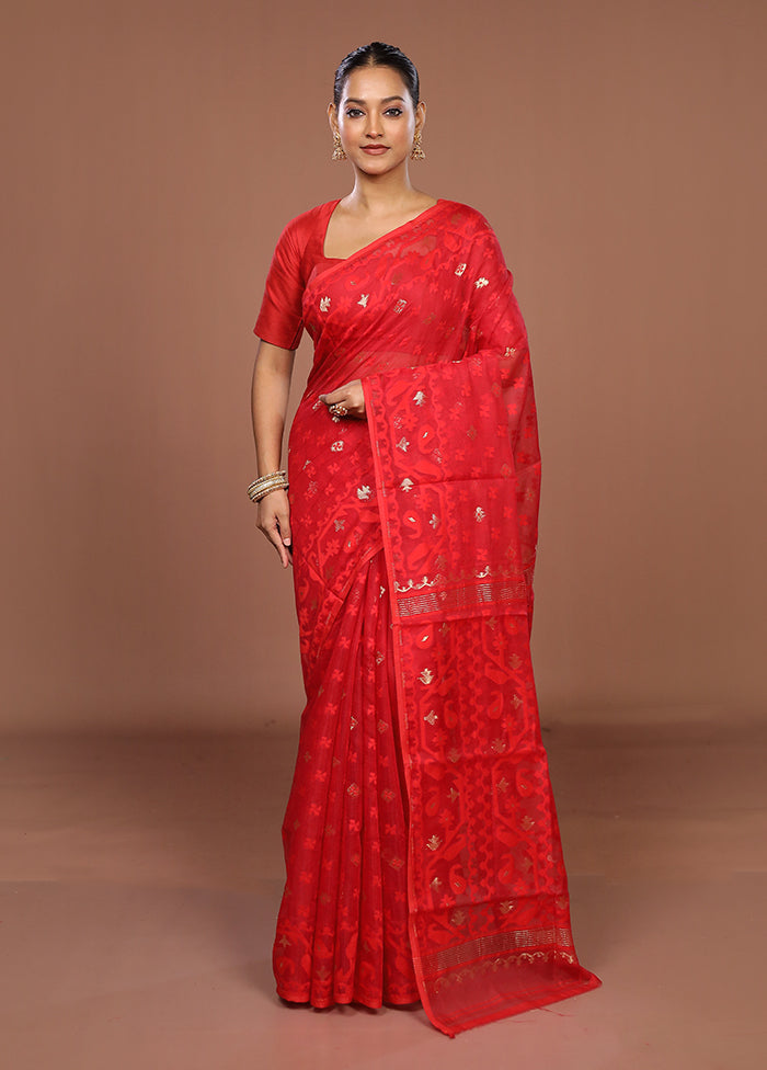 Red Jamdani Cotton Saree Without Blouse Piece