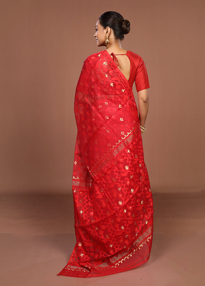 Red Jamdani Cotton Saree Without Blouse Piece