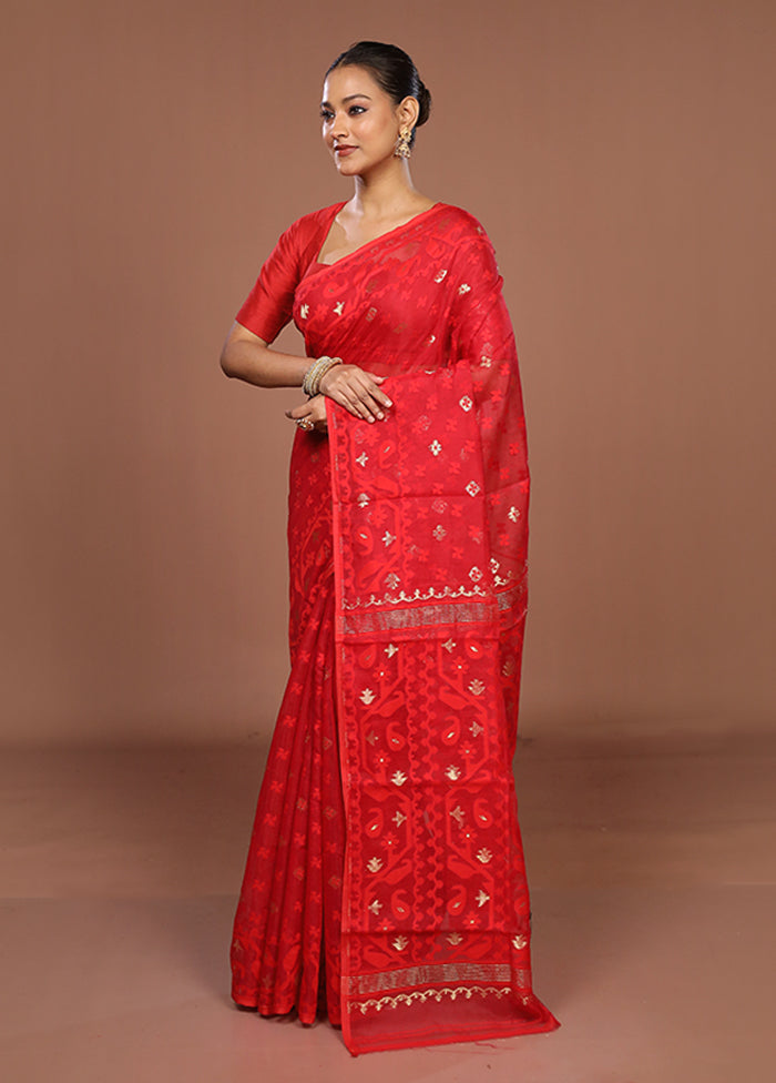 Red Jamdani Cotton Saree Without Blouse Piece
