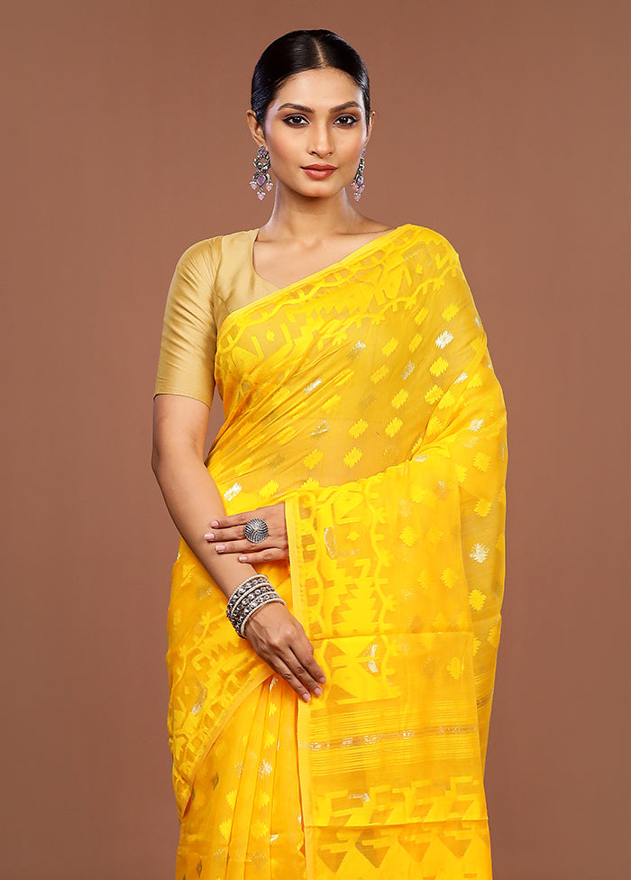 Yellow Jamdani Cotton Saree Without Blouse Piece