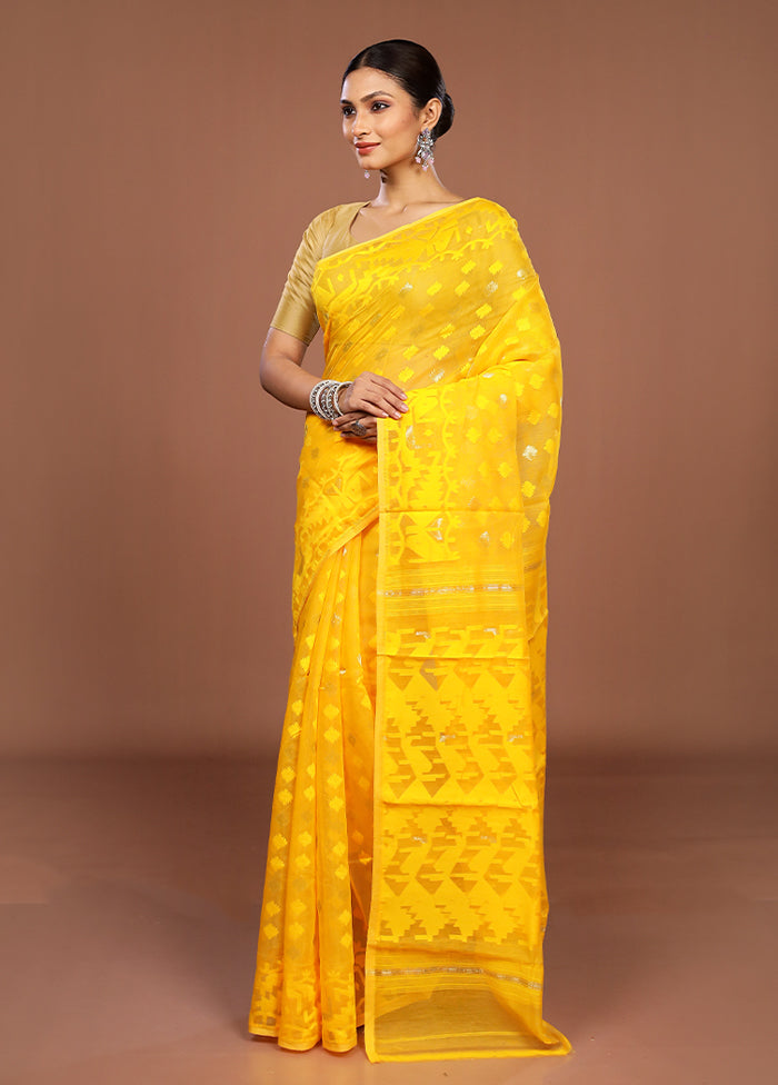 Yellow Jamdani Cotton Saree Without Blouse Piece
