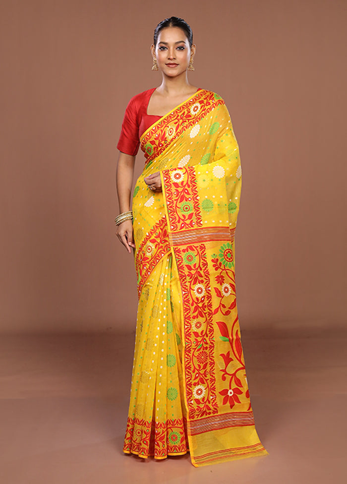 Yellow Jamdani Cotton Saree Without Blouse Piece