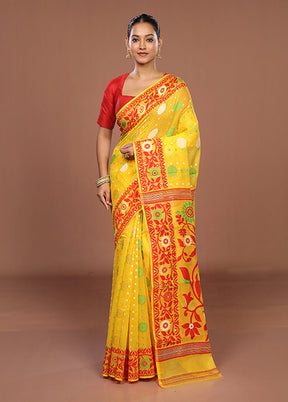 Yellow Jamdani Cotton Saree Without Blouse Piece