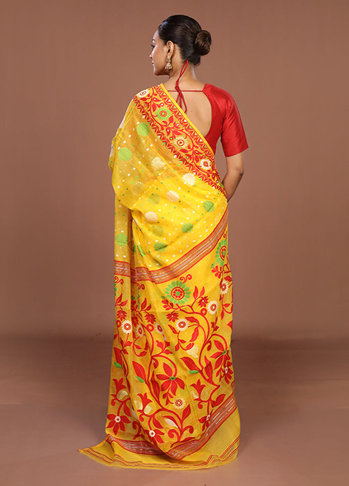 Yellow Jamdani Cotton Saree Without Blouse Piece