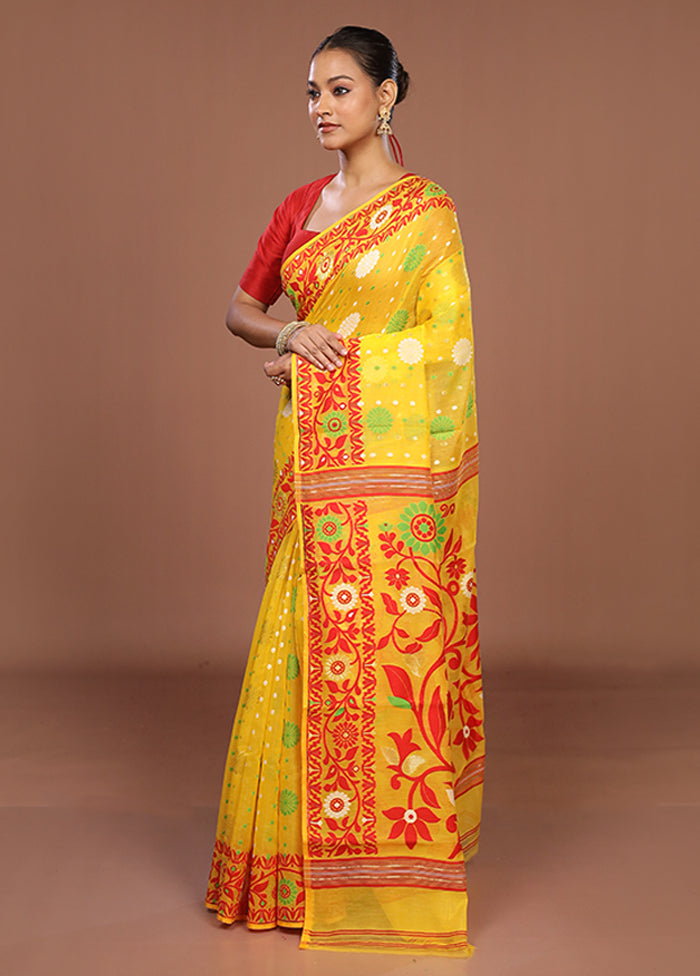 Yellow Jamdani Cotton Saree Without Blouse Piece