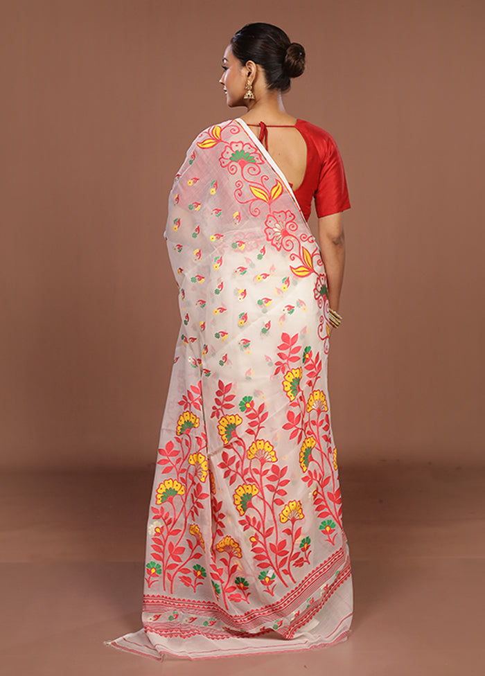 White Jamdani Cotton Saree Without Blouse Piece
