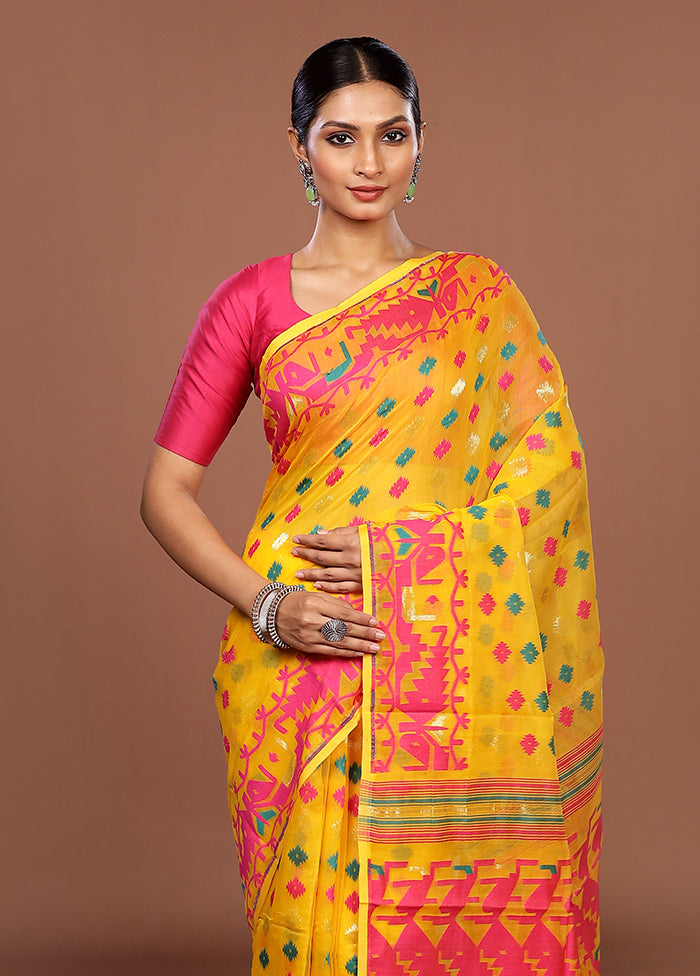 Yellow Jamdani Cotton Saree Without Blouse Piece