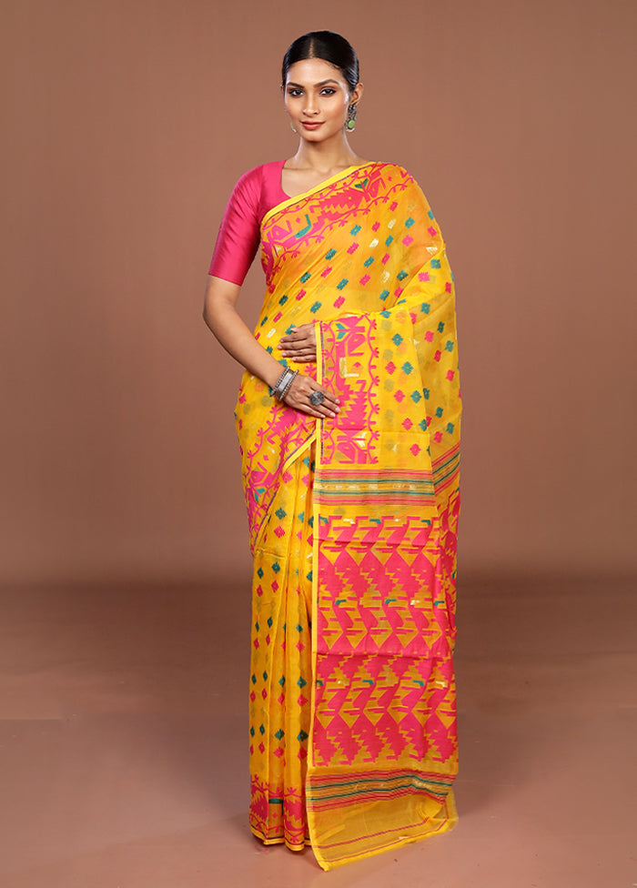 Yellow Jamdani Cotton Saree Without Blouse Piece