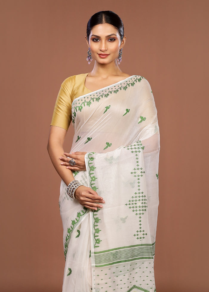 White Jamdani Cotton Saree Without Blouse Piece