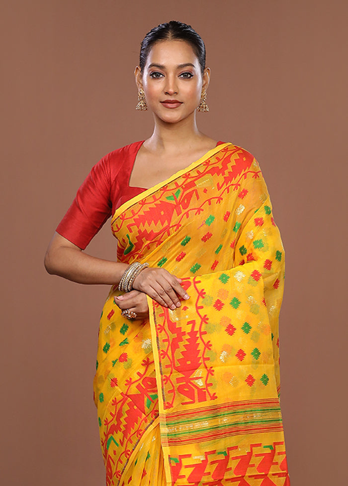 Yellow Jamdani Cotton Saree Without Blouse Piece