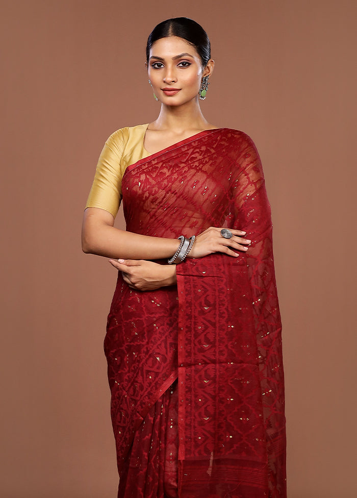 Maroon Jamdani Cotton Saree Without Blouse Piece