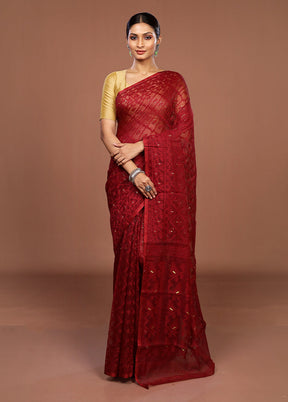 Maroon Jamdani Cotton Saree Without Blouse Piece