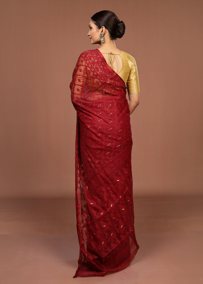 Maroon Jamdani Cotton Saree Without Blouse Piece