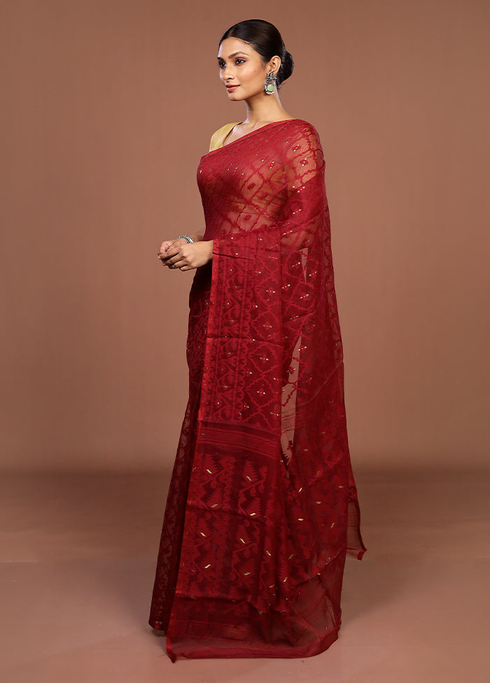 Maroon Jamdani Cotton Saree Without Blouse Piece