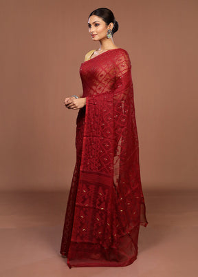 Maroon Jamdani Cotton Saree Without Blouse Piece