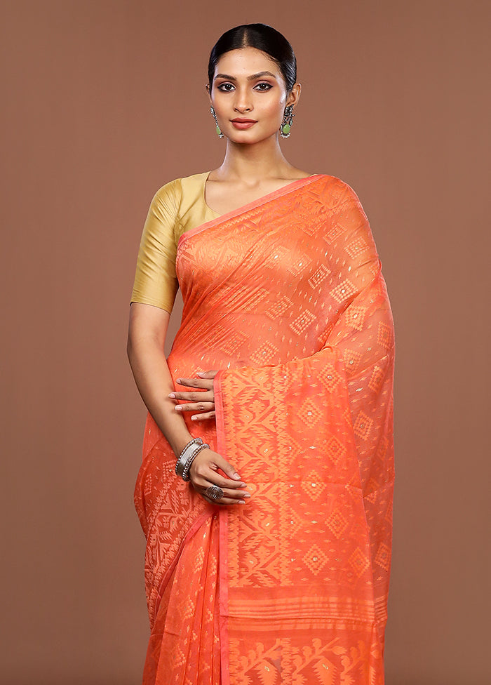 Pink Jamdani Cotton Saree Without Blouse Piece