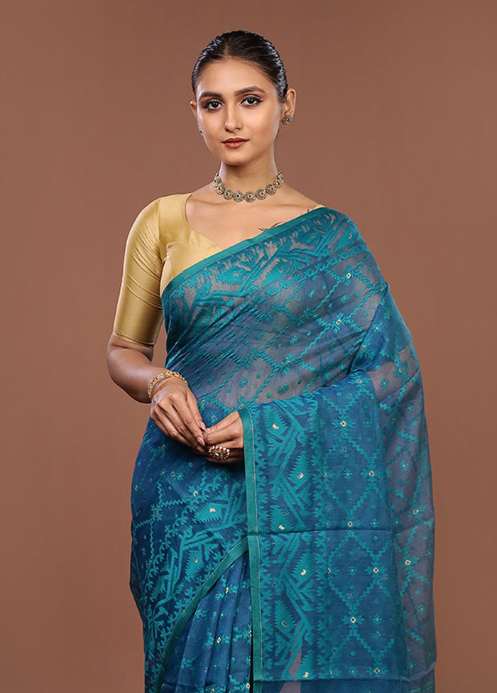 Blue Jamdani Cotton Saree Without Blouse Piece
