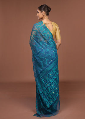Blue Jamdani Cotton Saree Without Blouse Piece