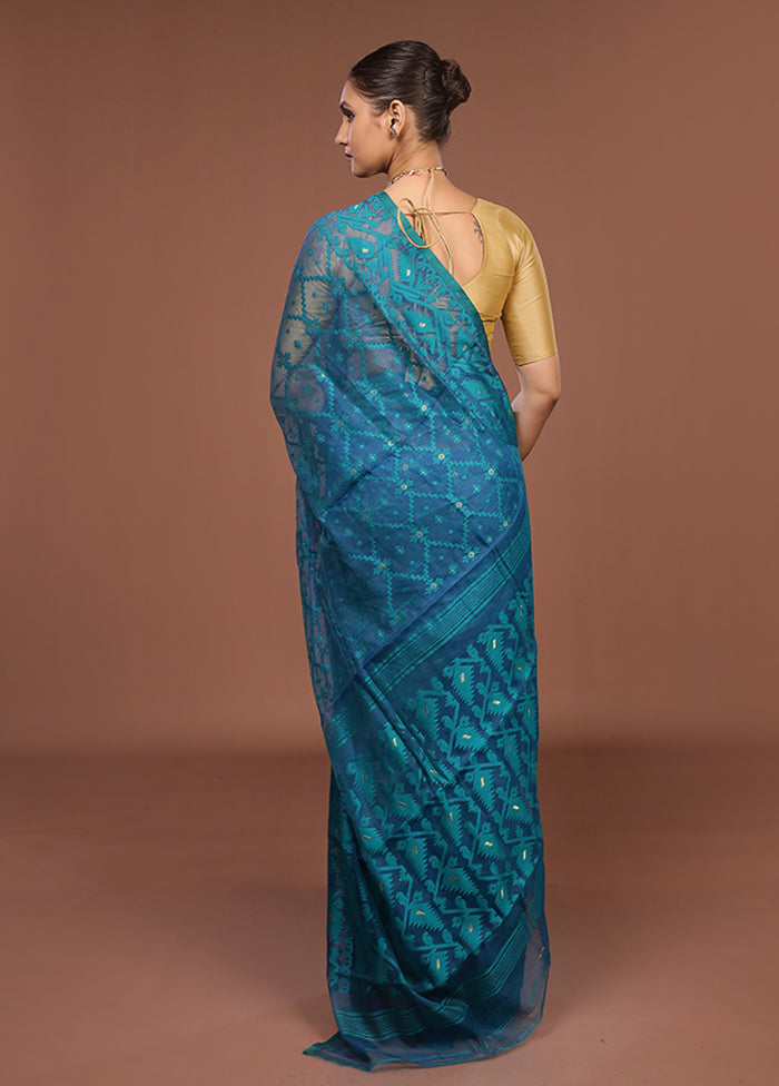 Blue Jamdani Cotton Saree Without Blouse Piece