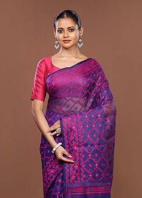 Blue Jamdani Cotton Saree Without Blouse Piece