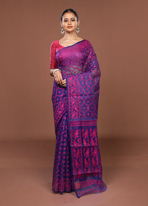 Blue Jamdani Cotton Saree Without Blouse Piece