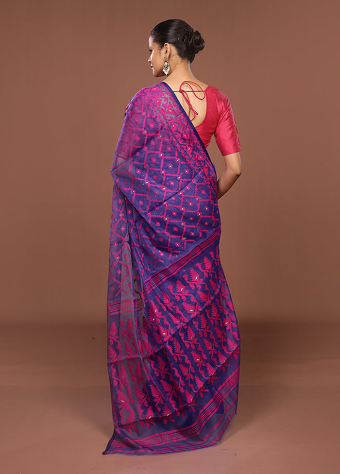 Blue Jamdani Cotton Saree Without Blouse Piece