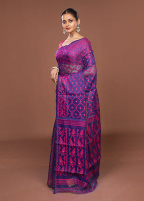 Blue Jamdani Cotton Saree Without Blouse Piece