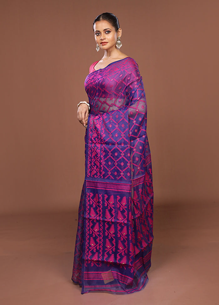 Blue Jamdani Cotton Saree Without Blouse Piece