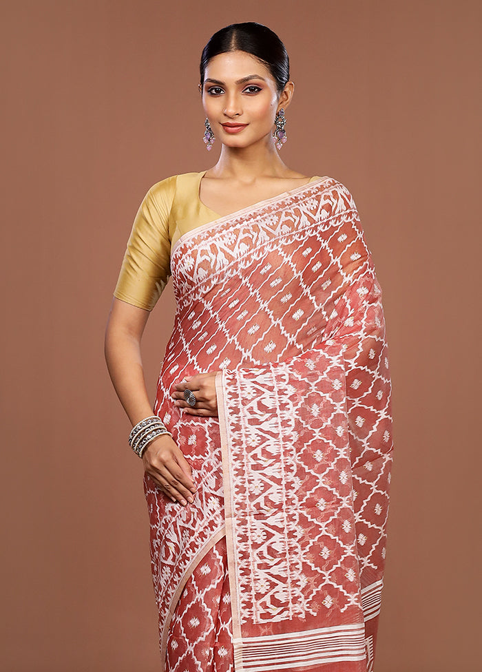 Maroon Jamdani Cotton Saree Without Blouse Piece