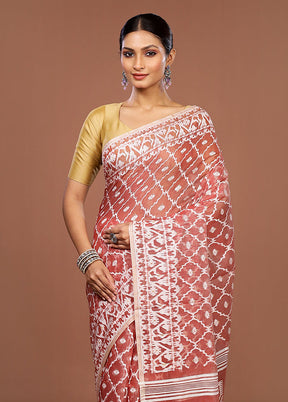 Maroon Jamdani Cotton Saree Without Blouse Piece