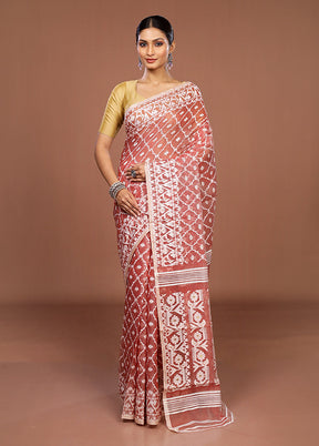 Maroon Jamdani Cotton Saree Without Blouse Piece
