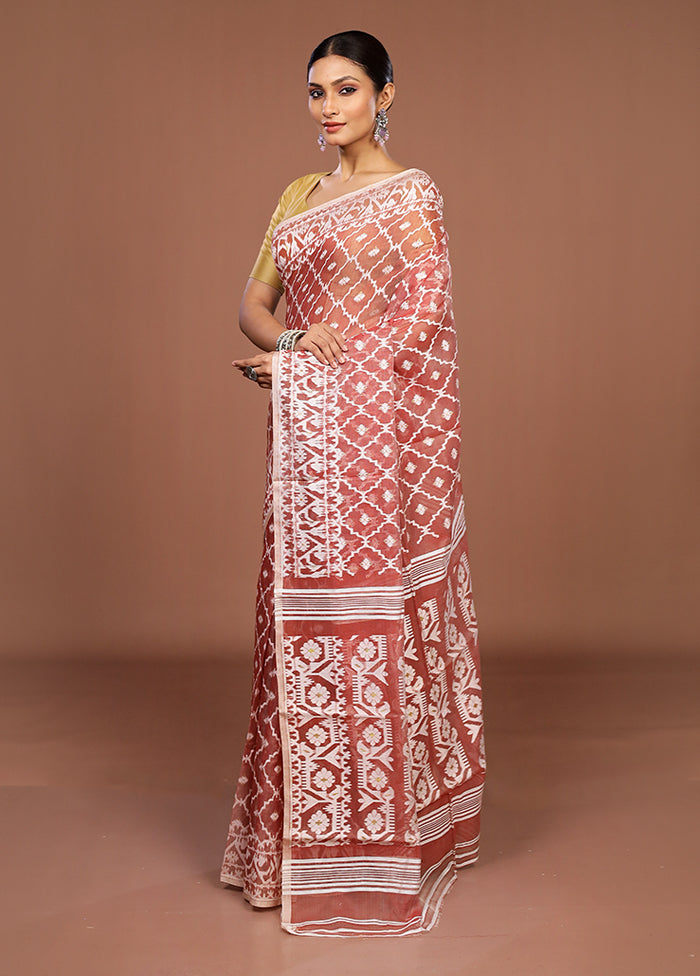 Maroon Jamdani Cotton Saree Without Blouse Piece