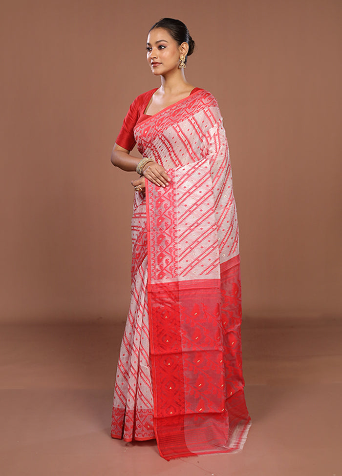 White Jamdani Cotton Saree Without Blouse Piece