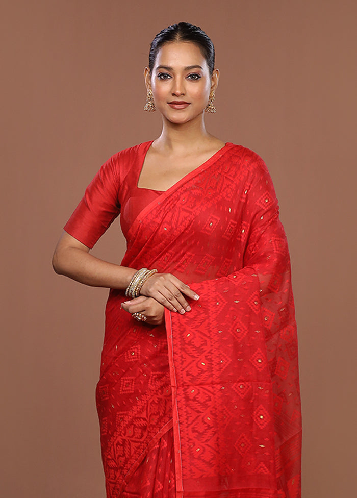 Red Jamdani Cotton Saree Without Blouse Piece