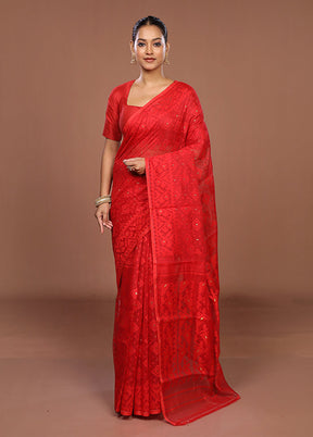 Red Jamdani Cotton Saree Without Blouse Piece
