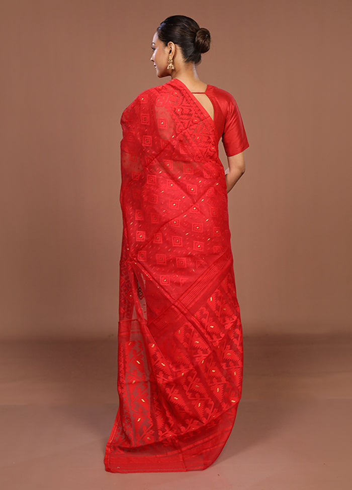 Red Jamdani Cotton Saree Without Blouse Piece