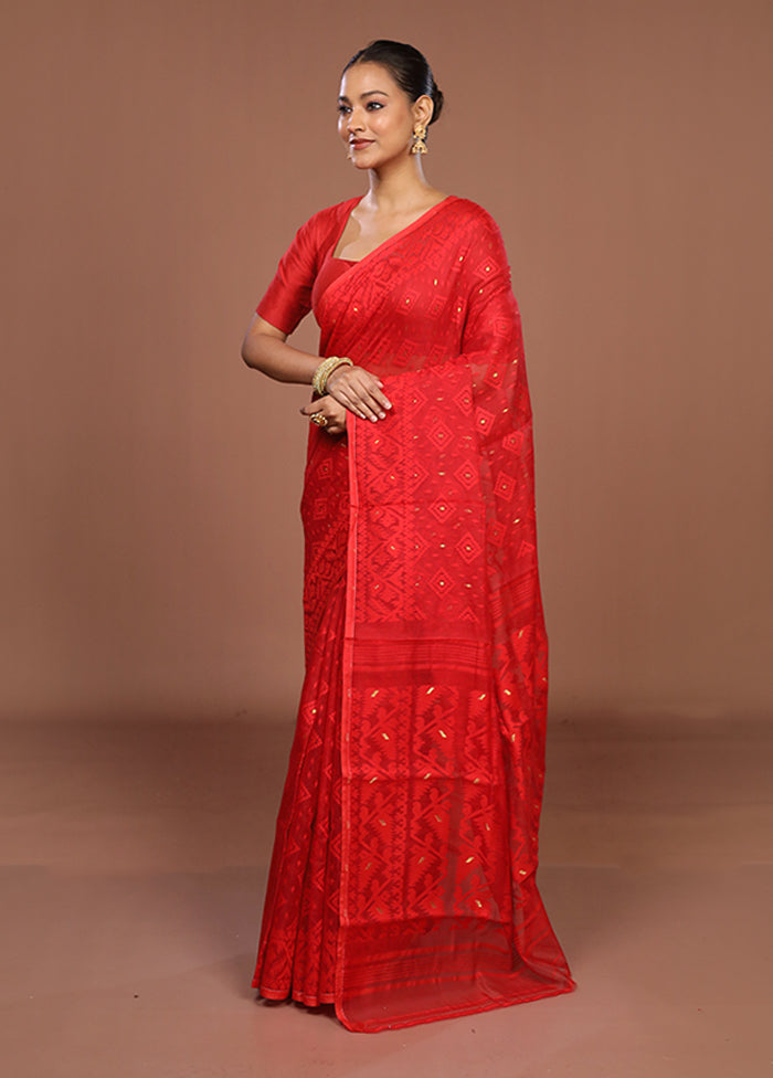 Red Jamdani Cotton Saree Without Blouse Piece