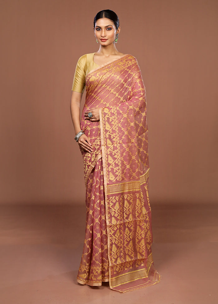 Pink Jamdani Cotton Saree Without Blouse Piece