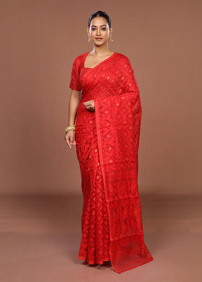Red Jamdani Cotton Saree Without Blouse Piece