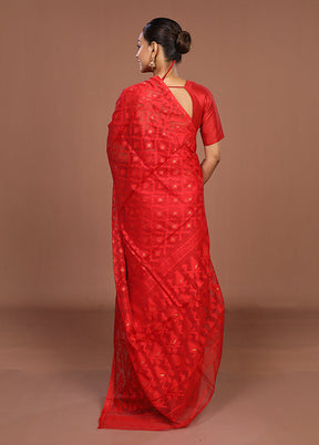 Red Jamdani Cotton Saree Without Blouse Piece